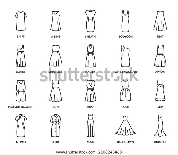 Woman dresses isolated icons. Female fashion cloth\
collection. Vector models shift, a-line, sheath and bodycon, tent,\
empire or strapless. Halter, one shoulder and playsuit pomper thin\
line dress