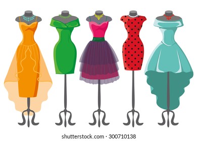 Woman dresses on a mannequin.Summer fashion party. Short and long elegant bright color polka dot design lady dress collection. Vector art image illustration, isolated on background