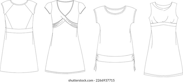 Woman dresses, shirts and tunics technical drawing, template, sketch, flat, mock up. Jersey or woven fabric dress front view, white color