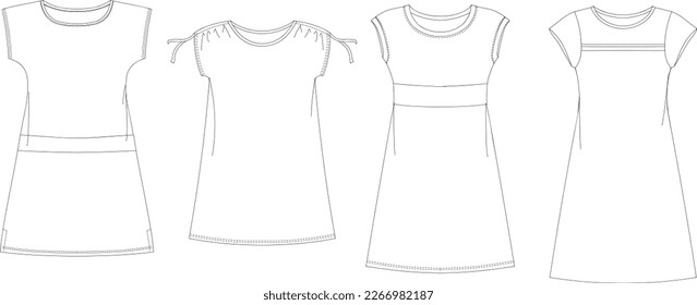 Woman dresses, shirts and tunics technical drawing, template, sketch, flat, mock up. Jersey or woven fabric dress front view, white color