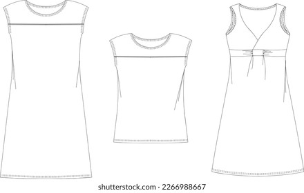 Woman dresses, shirts and tunics technical drawing, template, sketch, flat, mock up. Jersey or woven fabric dress front view, white color