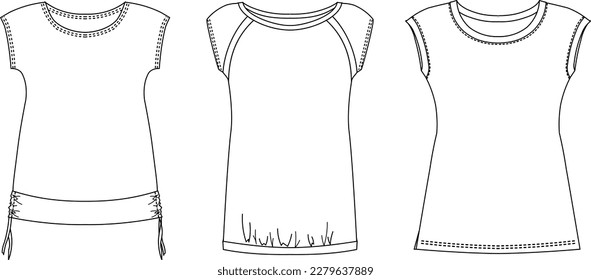 Woman dresses, shirts and tunics technical drawing, template, sketch, flat, mock up. Jersey or woven fabric dress front view, white color	