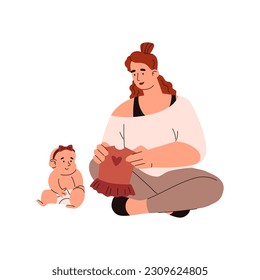 Mujer vistiendo a un bebé con un vestido lindo, ilustración plana vectorial aislada en el fondo blanco. Conceptos de cuidado de los bebés y de crianza de los hijos. Hermosa bebé.