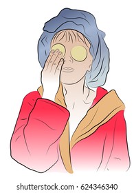 A woman in a dressing gown and a turban put tampons on her eyes. Illustration on the subject of facial and eye care