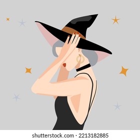 La mujer se está disfrazando para Halloween. La chica lleva un vestido negro y un sombrero de bruja. Ilustraciones vectoriales de una bruja de moda en accesorios elegantes.  El concepto de magia y misticismo