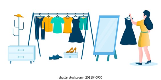 Woman in dressing room with hanger clothing rack, mirror, flat vector illustration. Female character holding black dress. Girl shopping for clothes.