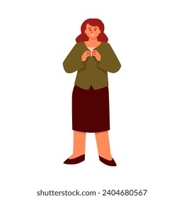 Woman dressing and trying on clothes, flat cartoon vector illustration isolated on white background. Happy female character in a store or home, stands and buttons a green jacket on herself
