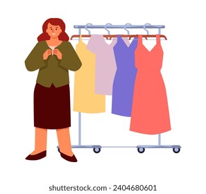 Woman dressing and trying on clothes, flat cartoon vector illustration isolated on white background. Happy female character in a store or home, hanger with different dresses next