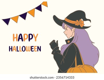 Woman dressing up as witch, wearing purple wig, carrying pumpkin bag, standing in front of Halloween party. Hand drawn flat cartoon character vector illustration.