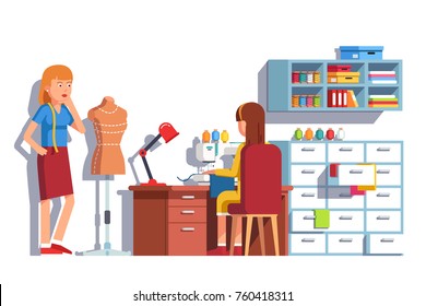 Woman dressmaker looking at mannequin, seamstress working with fabric on sewing machine sitting on chair behind wooden desk. Tailor workshop. Clothes designer. Flat vector illustration.