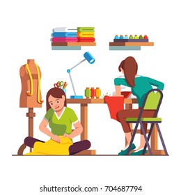 Woman dressmaker stitching sitting on floor, seamstress working with sewing machine. Tailor workshop with desk, chair, mannequin, fabric, tools. Fashion clothes designer. Flat vector illustration.