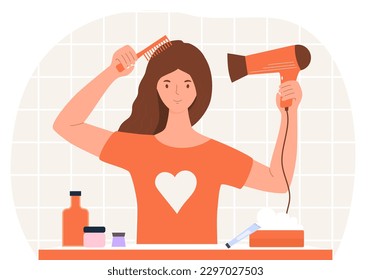 La mujer se seca el pelo. Una niña pequeña en el baño con peine y secador de pelo hace su peinado. Productos para el cuidado del pelo. Rutina e higiene. Belleza y estética. Dibujo vectorial plano de dibujos animados