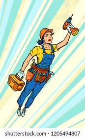 woman with drill, repair and construction. Superhero flying. Pop art retro vector illustration vintage kitsch