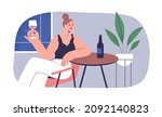 Woman drink alcohol alone, sitting at table with wine bottle at home. Happy lady relax in solitude with wineglass in hand, tasting and enjoying. Flat vector illustration isolated on white background