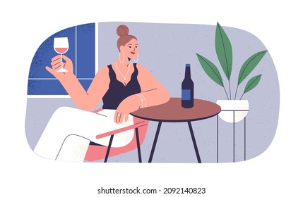 Woman drink alcohol alone, sitting at table with wine bottle at home. Happy lady relax in solitude with wineglass in hand, tasting and enjoying. Flat vector illustration isolated on white background