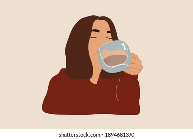 Woman Drink A Big Cup Of Coffee. Vector-illustration In Pastel Tones