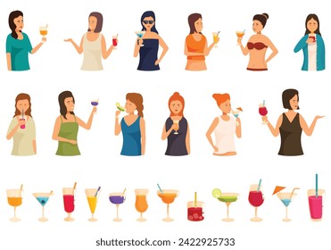 Woman drink cocktail icons set cartoon vector. Face young. Summer beach vacation