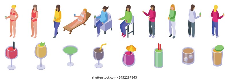 Woman drink cocktail icons set isometric vector. Fashionable girl. Beach vacation