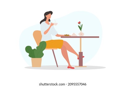 Woman drink coffee. Character resting from work in cafeteria. lunch break, visitor to restaurant or coffee shop. Invigorating drink in morning, energy, caffeine. Cartoon flat vector illustration