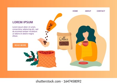 Woman drink coffee in cozy cafe, coffee shop website design, vector illustration. Landing page template, online store or cafe website. Bag of roasted beans, flat cartoon style, girl drink from cup