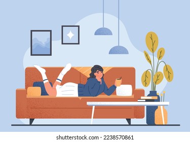 Woman drink coffee on sofa. Young girl with hot drink lies on couch. Comfort and coziness in apartment, rest after work or study. Stay positive, calm and safe. Cartoon flat vector illustration