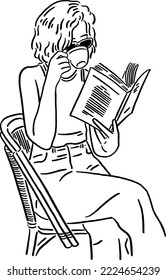 Woman drink coffee reading book People leisure lifestyle Hand drawn line art Illustration