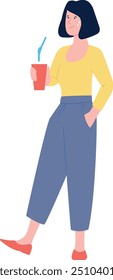 Woman drink from disposable cup. Refreshment takeaway