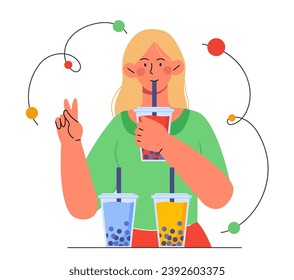 Woman drink tea bubble. Young girl with aroma and beverage, hot drink. Character in cafe or restaurant. Menu of catering. Cartoon flat vector collection isolated on white background