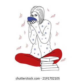 Woman drink tea or coffee with stockpile of books in autumn time. Doodle vector illustration