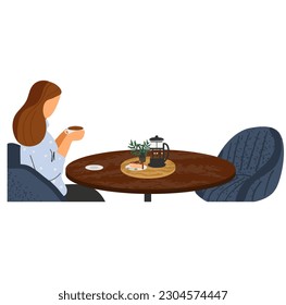 Woman drink tea sitting along in cafe vector icon
