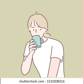 Woman drink water, hold green cup. Hand drawn style vector design illustrations.