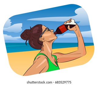 Woman drink water on the beach, poster, banner or ads, vector cartoon illustration