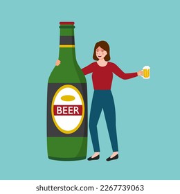 Woman drinking beer with alcohol bottle in flat design.