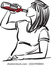 woman drinking bottle of wine drink problems concept vector illustration