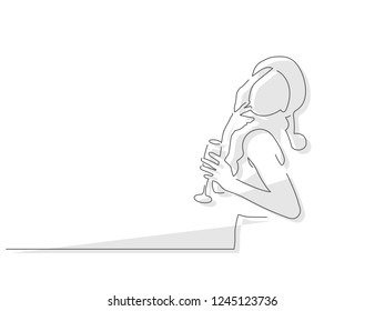Woman drinking champagne isolated line drawing, vector illustration design. Christmas collection.