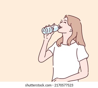 Woman drinking clean water from plastic bottles. Hand drawn in thin line style, vector illustrations.