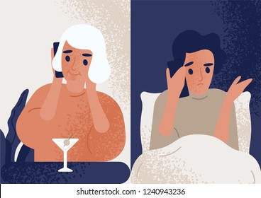 Woman drinking cocktail at bar and talking on mobile phone to man sitting in bed. Couple communicating through smartphone. Boyfriend worrying about his girlfriend. Flat colored vector illustration.