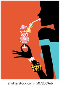 Woman drinking a cocktail in a bar. Vector illustration