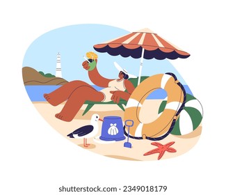 Woman drinking cocktail under umbrella, relaxing on sunbed on beach. Happy girl lying on deckchair at sea resort on summer holiday, vacation. Flat vector illustration isolated on white background