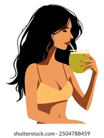 Woman Drinking Coconut Water with a Relaxed and Enjoyable Expression | Healthy and Tropical Design | Flat Vector Illustration