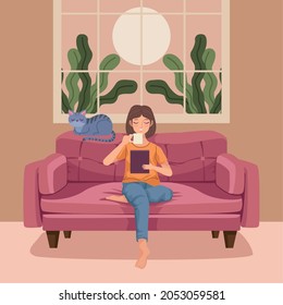 woman drinking coffe in livingroom scene