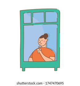 woman drinking coffee in apartment window for quarantine free form style vector illustration design