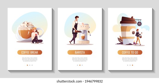 Woman drinking coffee. Barista with huge coffee machine. Woman with coffee in paper cup. Coffee shop, break, cafe-bar, restaurant concept. Set of flyers or banners. A4 vector illustration.