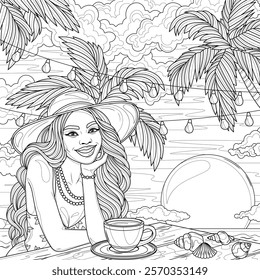 A woman drinking coffee by the sea and palm trees.Coloring book antistress for children and adults. Illustration isolated on white background.Zen-tangle style. Hand draw