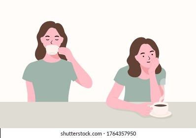 Woman drinking coffee in cafe table. Drinking a cup of hot black coffee. Coffee shop visitors. Front view. Modern flat vector illustration.