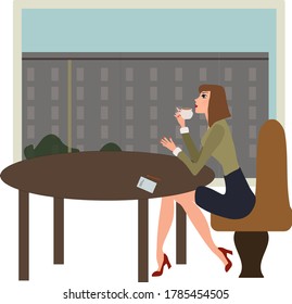 Woman is drinking coffee in a cafe.  Vector illustration in a flat style.