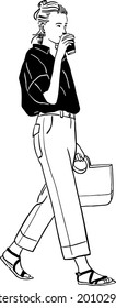Woman drinking Coffee City People Casual lifestyle Hand drawn line art Illustration