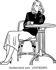 Woman drinking coffee City People lifestyle in Cafe Hand drawn line art Illustration