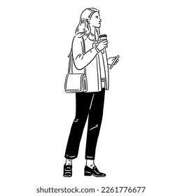 Woman drinking Coffee City People Casual lifestyle Hand drawn line art Illustration