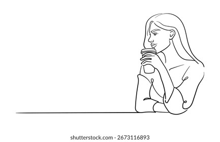 Woman drinking coffee, continuous line art, isolated on white background. Line art drawing. Vector illustration
